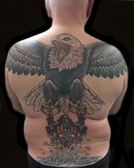 Angela Leaf - Bald Eagle, Family Crest, Back Piece,  Color Tattoo